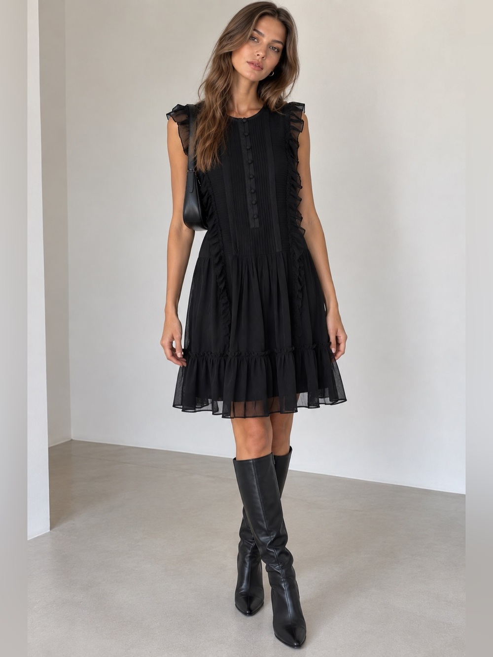 H&M Black Ruffle Chiffon Tiered Midi Dress Size 6